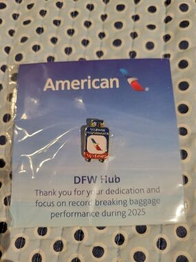American Vintage blue and red enamel luggage pin